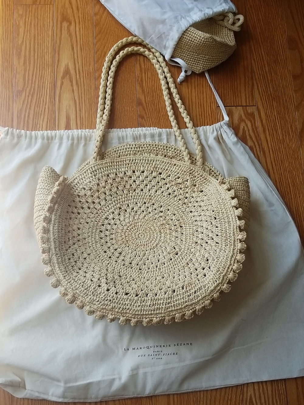 Sezane JUNE BASKET -  Crochet Round Tote with Pom Pom Trim